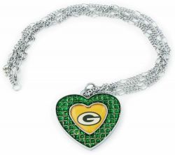 PACKERS (GREEN) GLITTER STONE HEART NECKLACE (2-IN-1 CHAIN)
